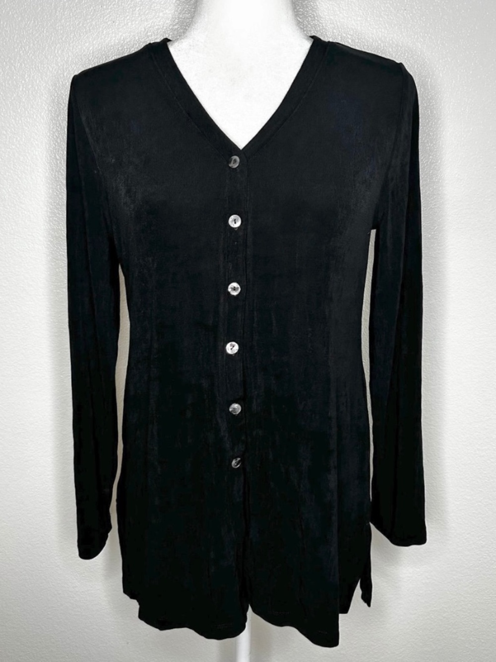 Chicos Womens Black Slinky V-Neck Long Sleeve Button-Up Top Size S